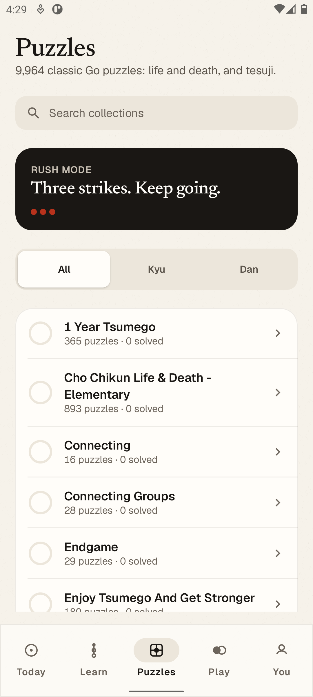 Android screenshot: Puzzles hub with searchable tsumego collections