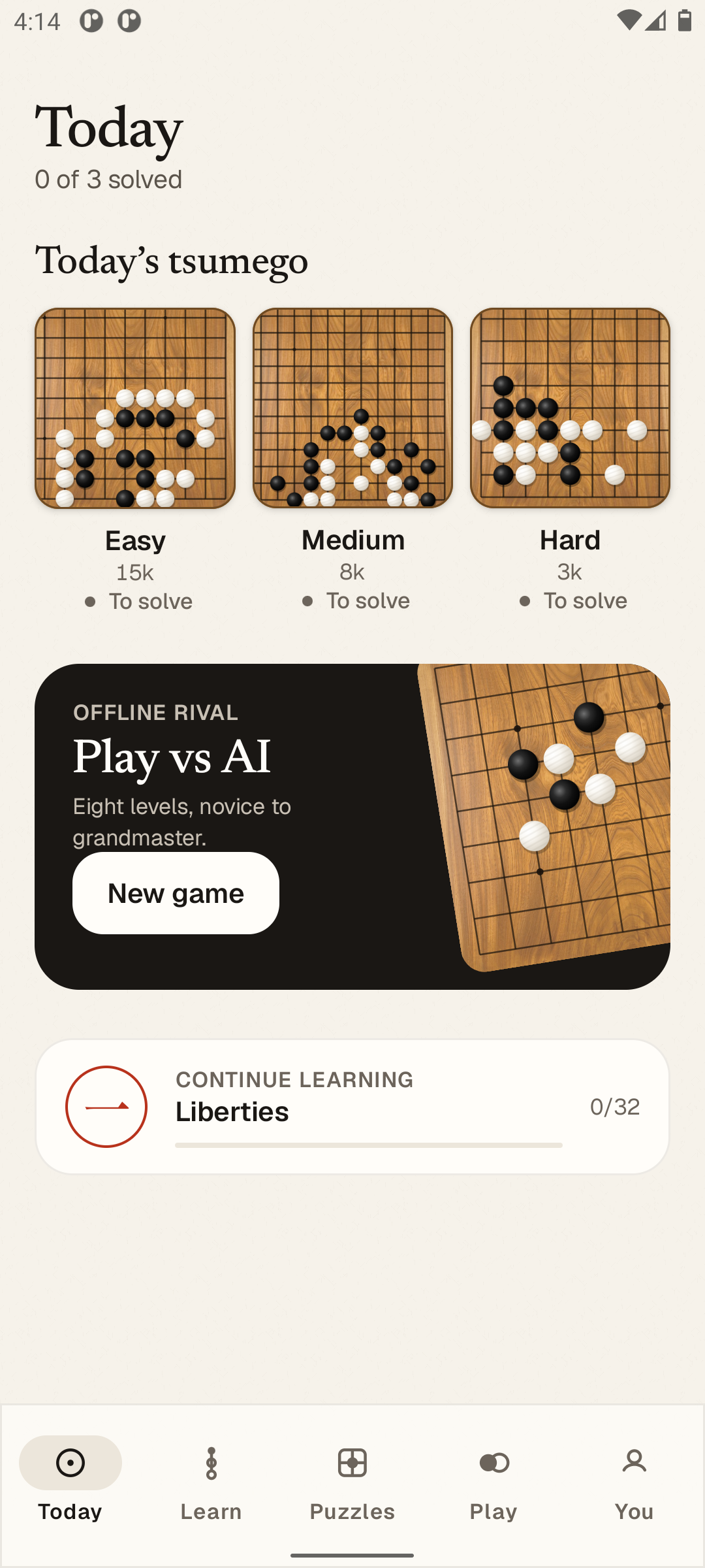 GoZen on Android: Today screen showing 0 of 3 daily tsumego and Play vs AI